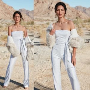 DRESS THE POPULATION Trinity White Sequin Belted Jumpsuit Bride Bachelorette Med